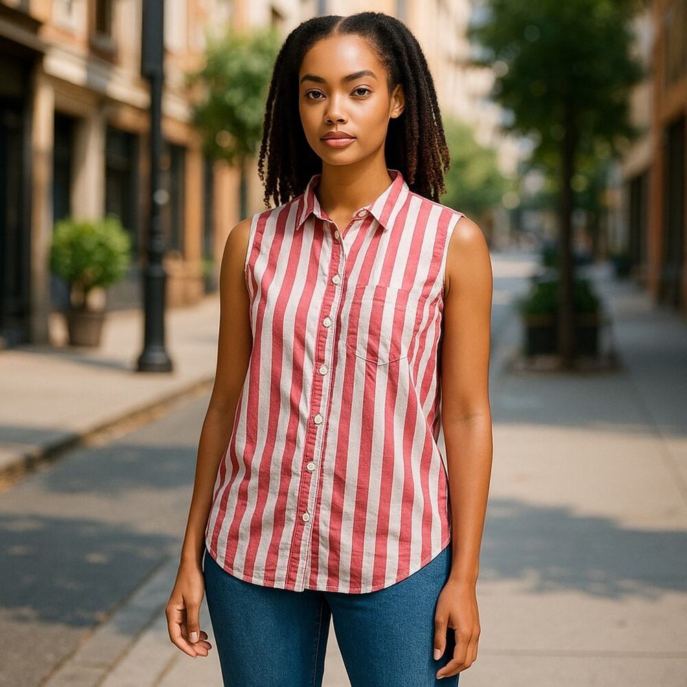 J.Crew Sleeveless Red White‎ Striped Button Down Shirt – Size Medium, Classic